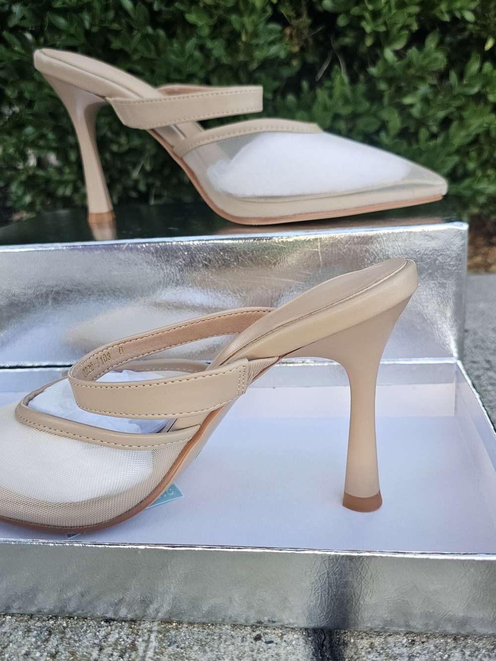 Beige Mesh Pointed-Toe High Heel Mules - Women's